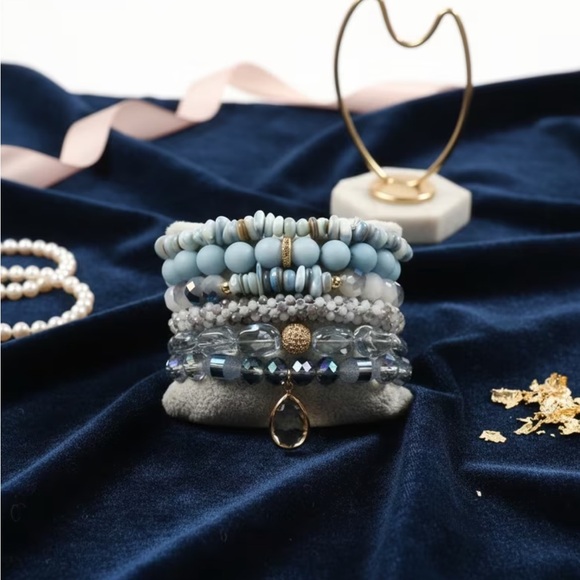 Bohemian Blue Beaded Multi-Layered Bracelet Set - Crystal Teardrop Charm - Picture 3 of 6